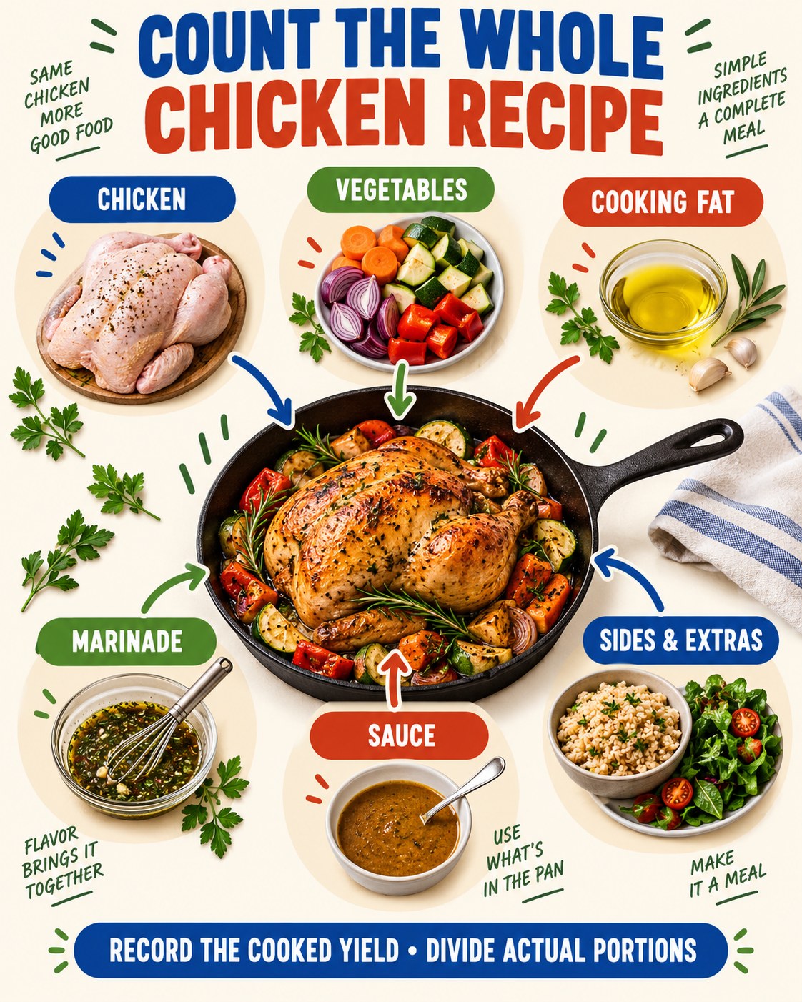 Chicken recipe infographic labeling chicken, vegetables, cooking fat, marinade, sauce, sides and extras