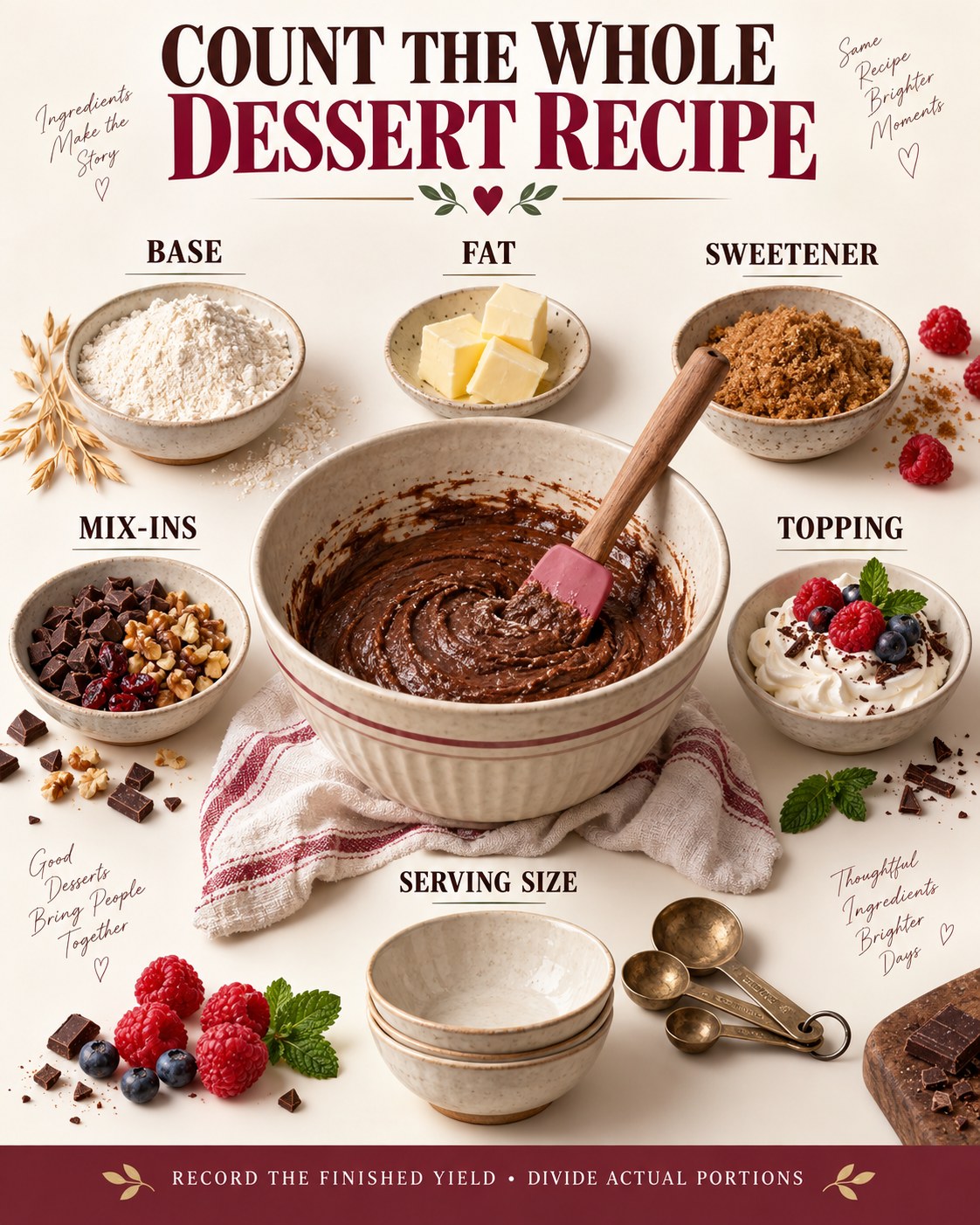 Dessert recipe infographic labeling base, fat, sweetener, mix-ins, topping and serving size