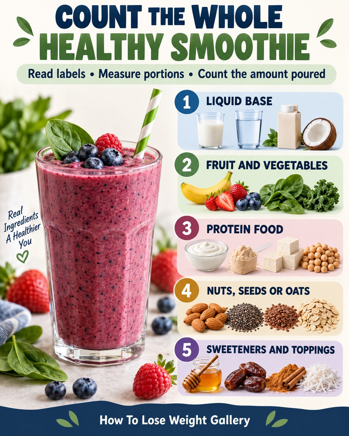 Healthy smoothie infographic showing liquid, produce, protein food, nuts seeds or oats, sweeteners and toppings