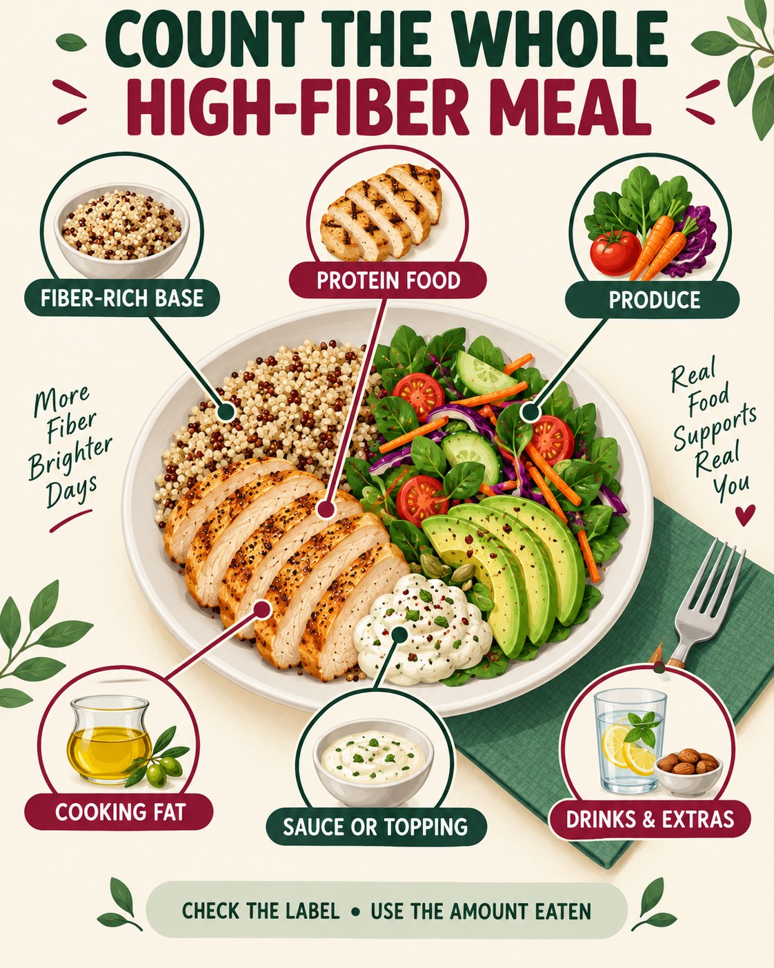 High-fiber meal infographic labeling a fiber-rich base, protein food, produce, cooking fat, sauce, drink and extras