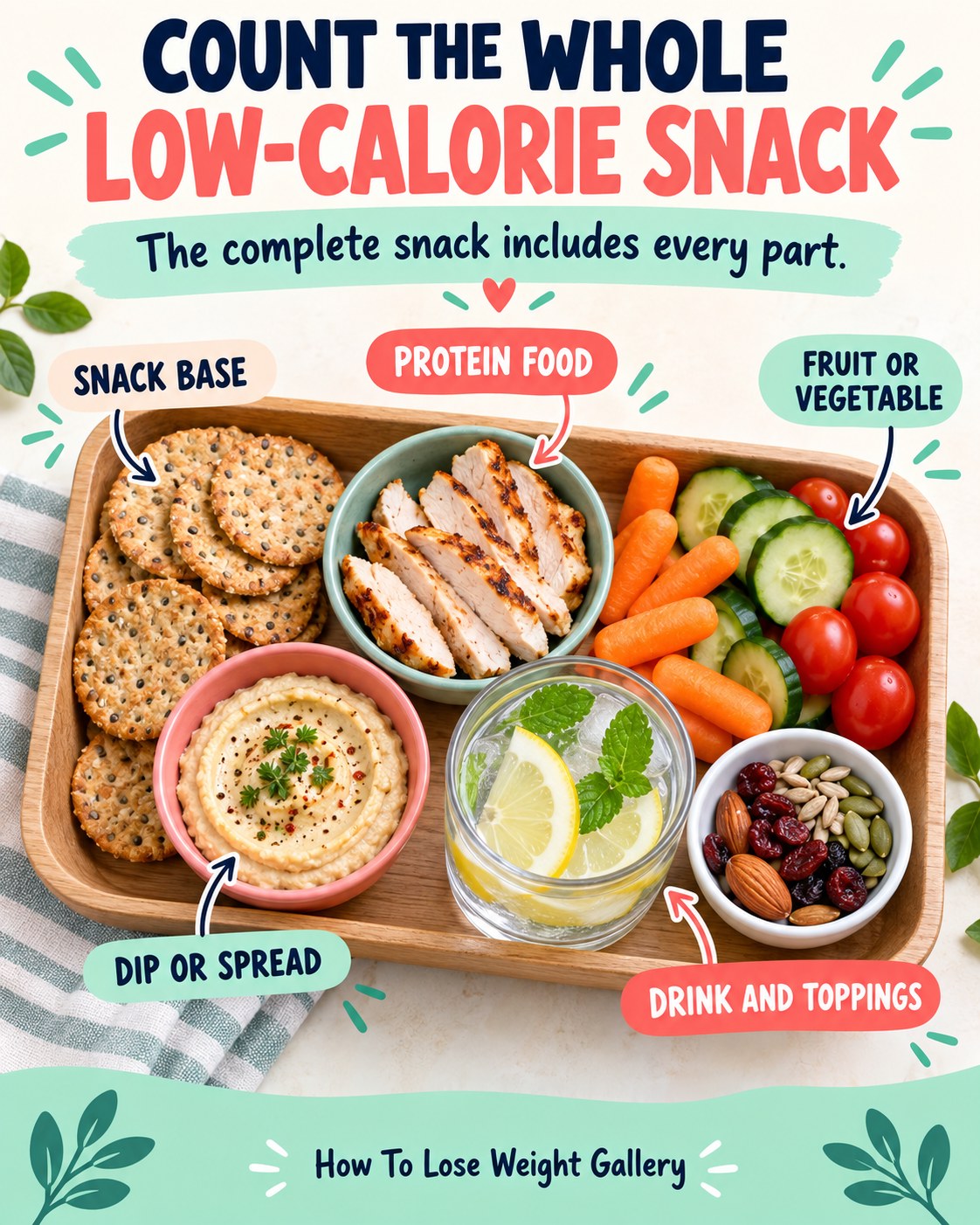 Low-calorie snack infographic labeling snack base, protein food, produce, dip or spread, drink and toppings