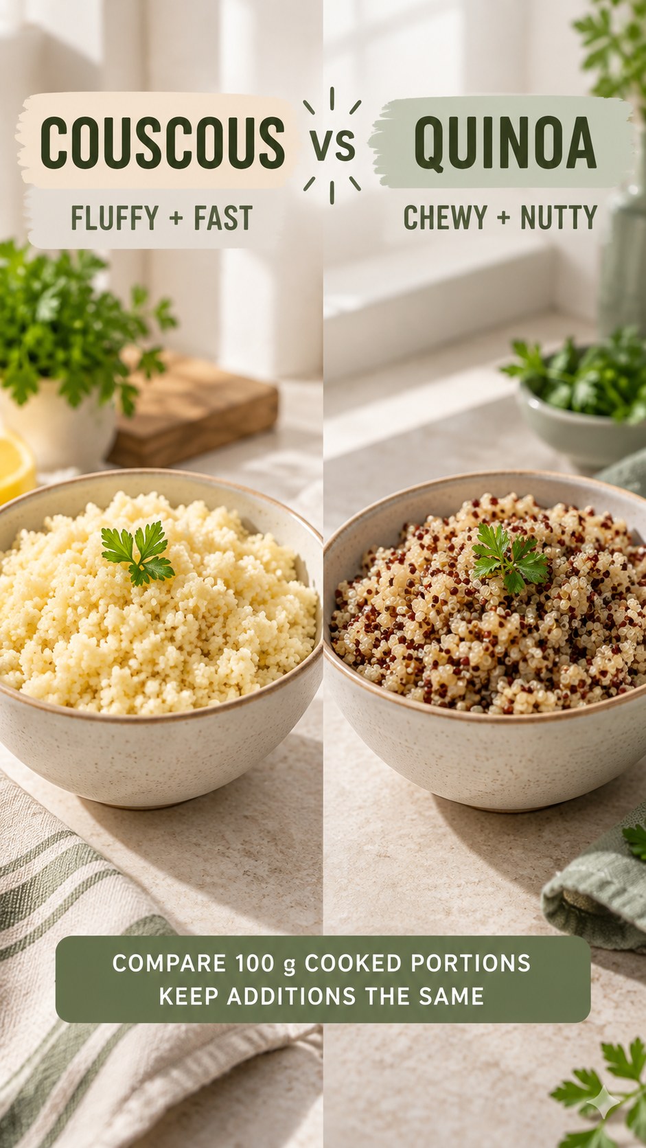 Plain couscous and quinoa in equal 100 g cooked portions, compared for texture, cooking time, cost, and meal use.