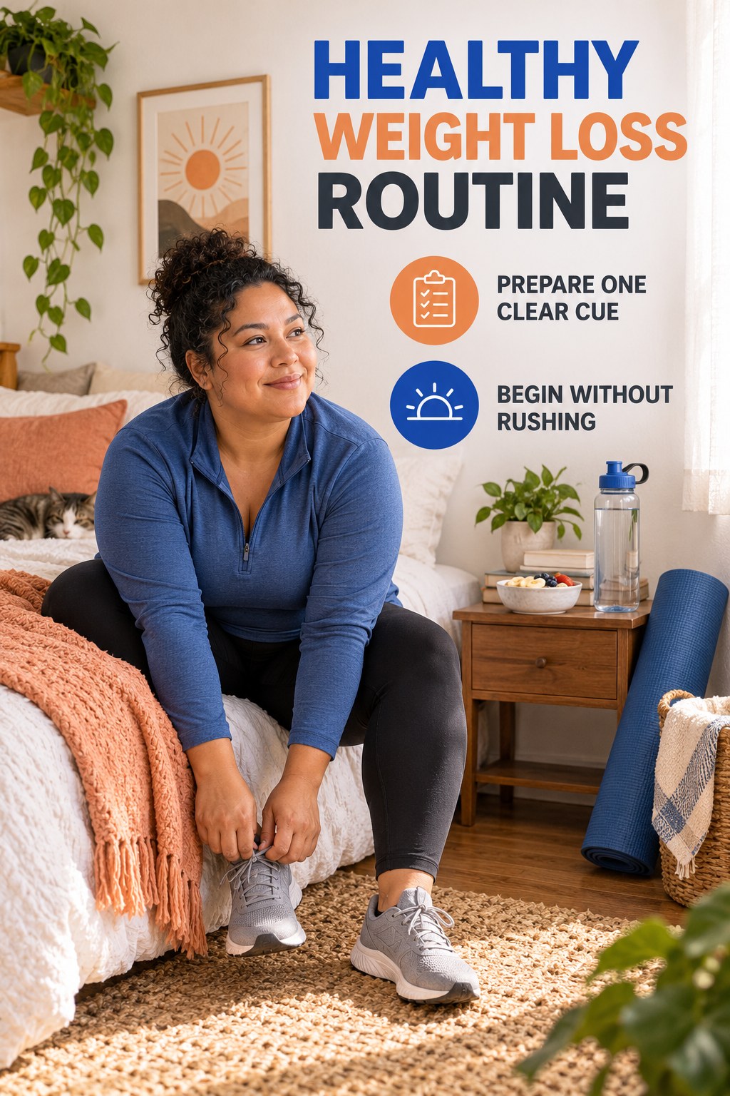 Cozy Wellness Morning for Healthy Weight Loss in a modest bedroom morning corner, showing a practical, attainable routine with readable guidance.
