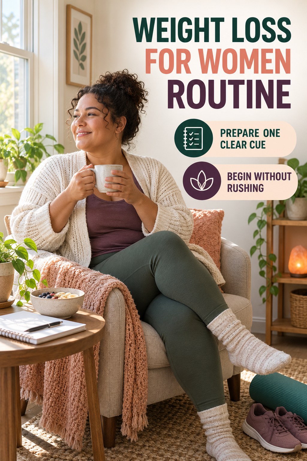 Cozy Wellness Morning for Weight Loss for Women in a quiet chair beside a window, showing a practical, attainable routine with readable guidance.