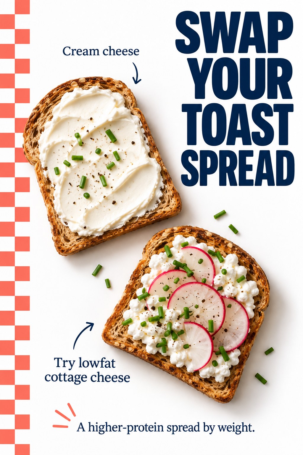 Coral checkerboard graphic compares cream cheese toast with cottage cheese toast topped with radish and chives.