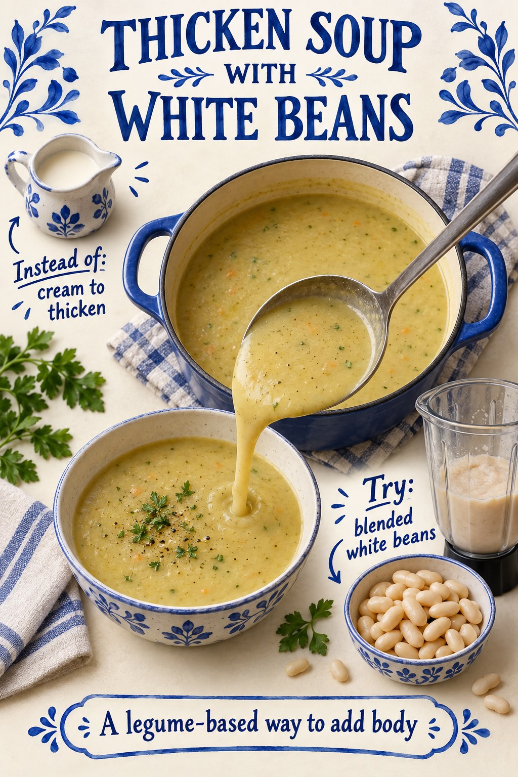 Vegetable soup in a blue pot beside a cream pitcher, cooked white beans and blended beans, labeled as a soup-thickening swap.
