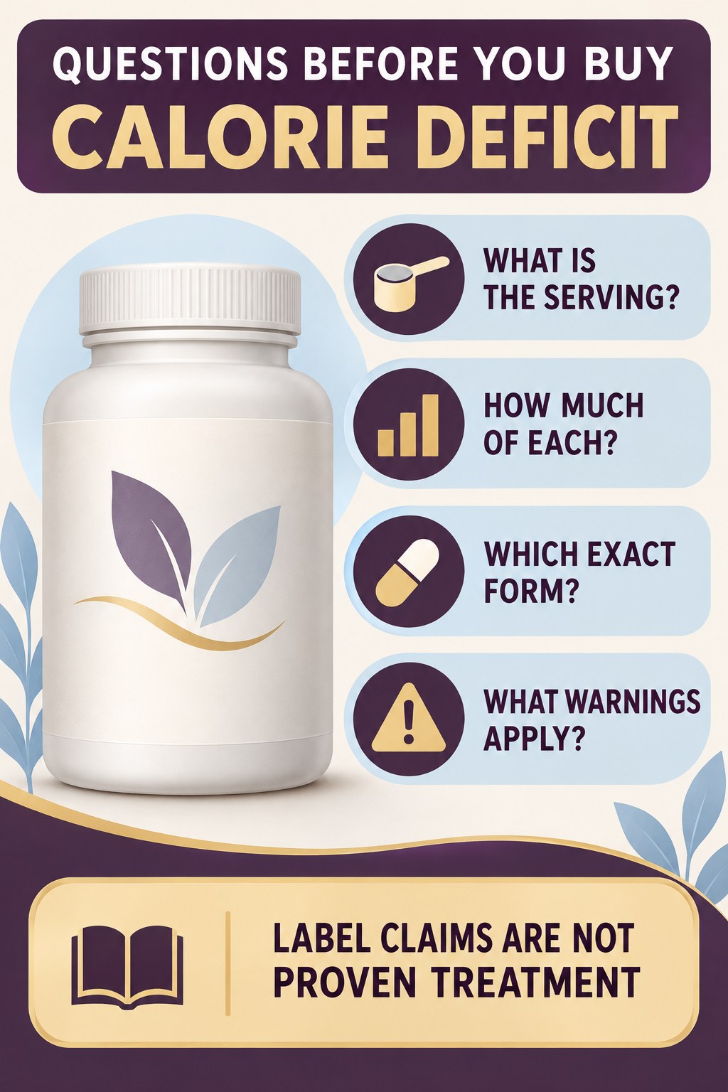 Create a Label Questions Checklist prostate supplement label-literacy infographic for Calorie Deficit with four careful reading points.