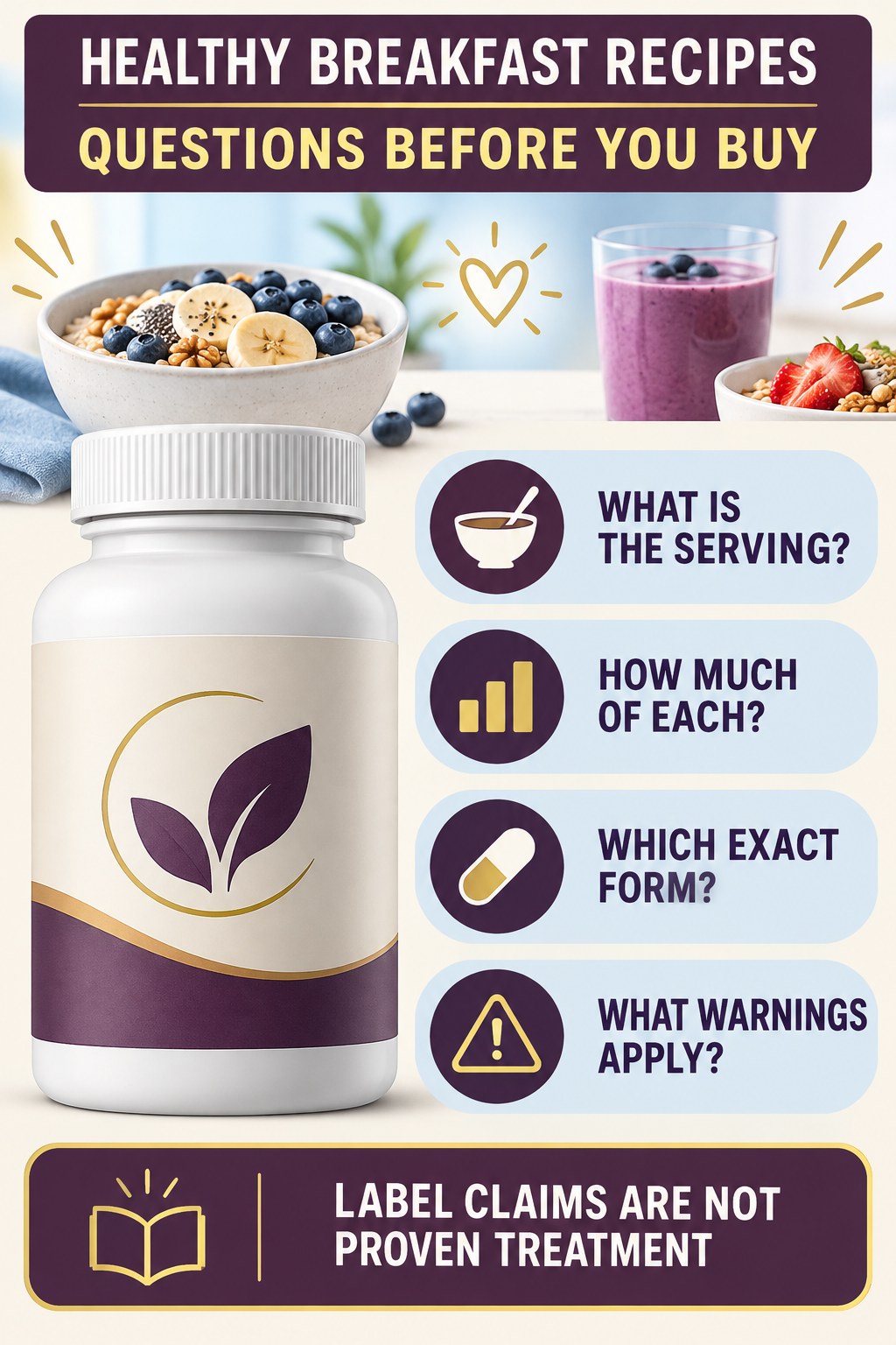 Create a Label Questions Checklist prostate supplement label-literacy infographic for Healthy Breakfast Recipes with four careful reading points.