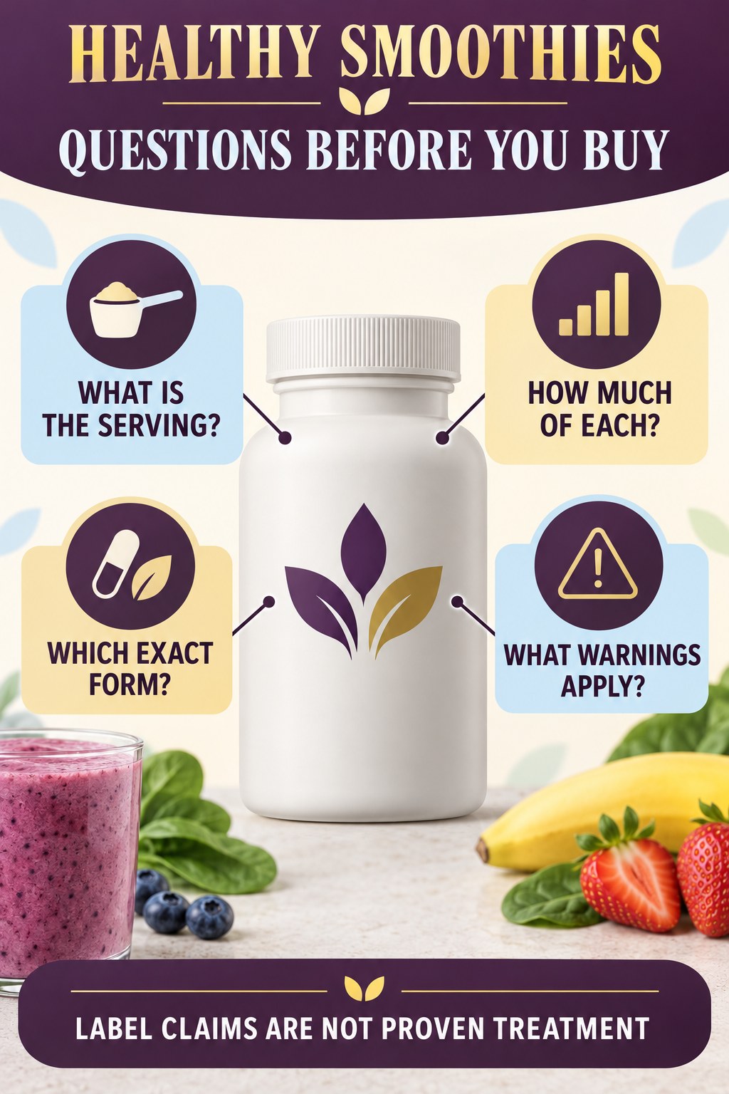 Create a Label Questions Checklist prostate supplement label-literacy infographic for Healthy Smoothies with four careful reading points.