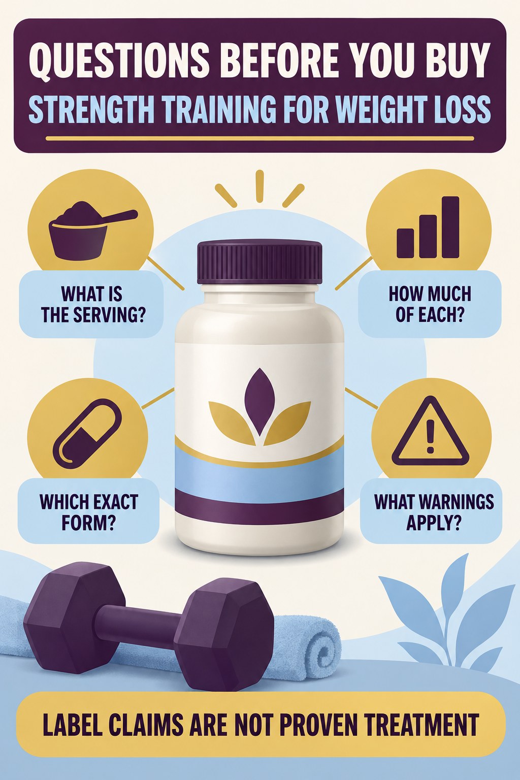 Create a Label Questions Checklist prostate supplement label-literacy infographic for Strength Training for Weight Loss with four careful reading points.
