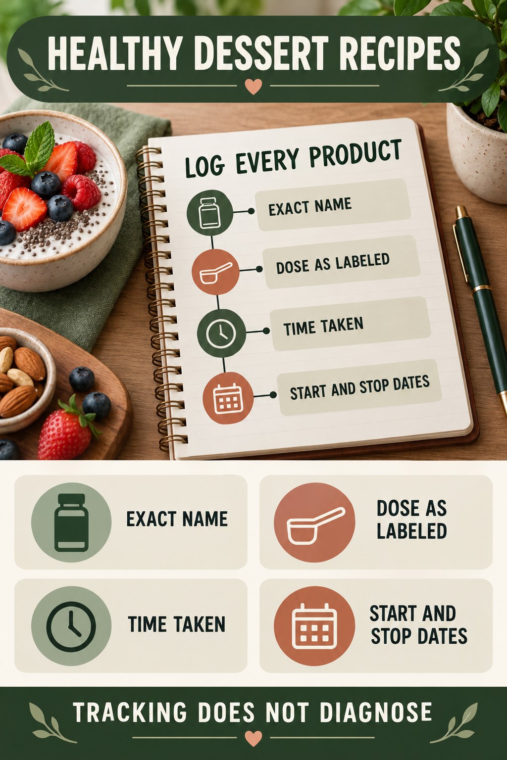 Create a Medication and Supplement Timeline urinary symptom tracking infographic for Healthy Dessert Recipes with four practical diary points and a non-diagnostic reminder.