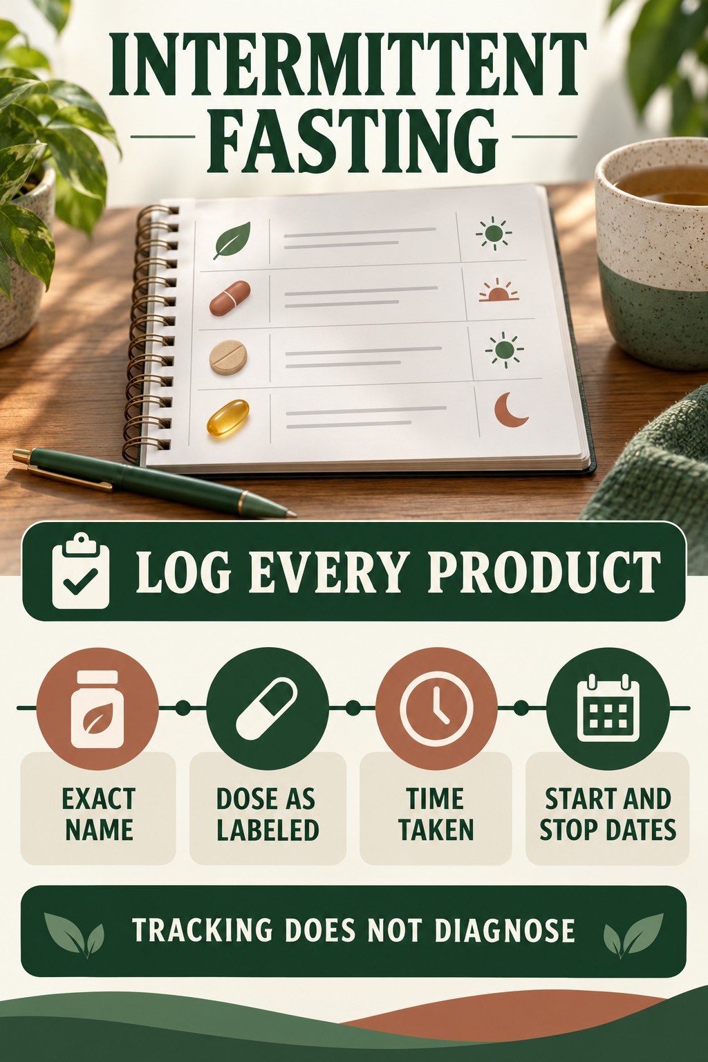 Create a Medication and Supplement Timeline urinary symptom tracking infographic for Intermittent Fasting with four practical diary points and a non-diagnostic reminder.