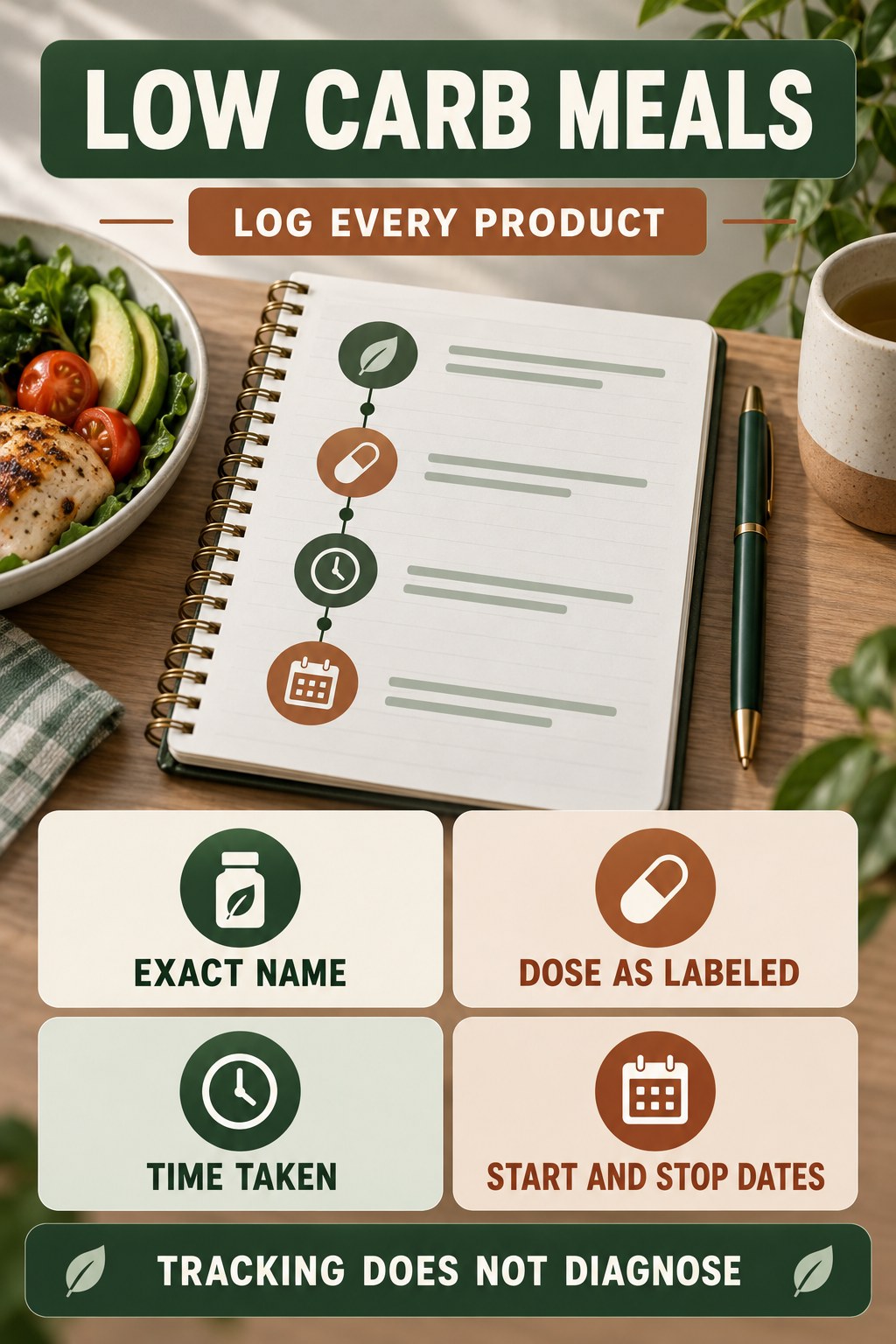 Create a Medication and Supplement Timeline urinary symptom tracking infographic for Low Carb Meals with four practical diary points and a non-diagnostic reminder.