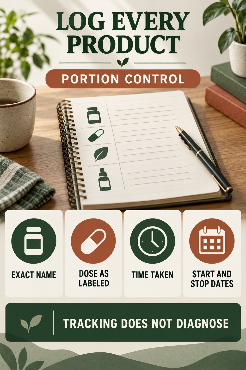 Create a Medication and Supplement Timeline urinary symptom tracking infographic for Portion Control with four practical diary points and a non-diagnostic reminder.