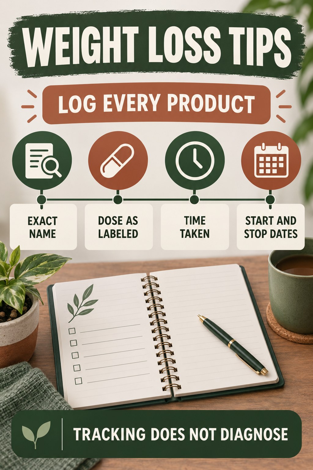 Create a Medication and Supplement Timeline urinary symptom tracking infographic for Weight Loss Tips with four practical diary points and a non-diagnostic reminder.