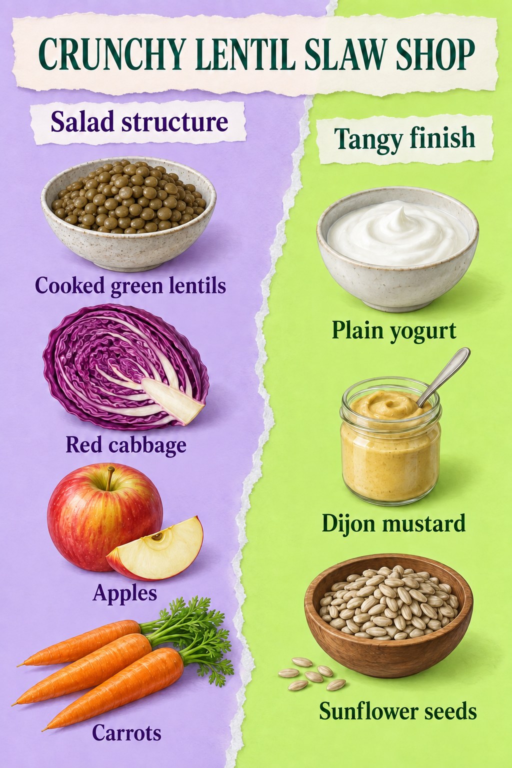 Lavender and lime grocery collage listing cooked green lentils, red cabbage, apples, carrots, yogurt, Dijon mustard and sunflower seeds.