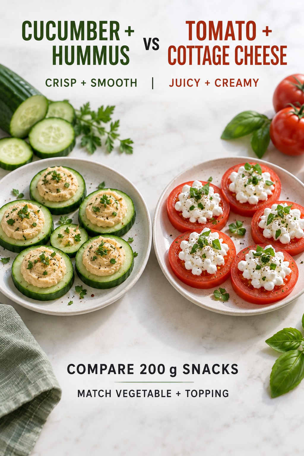 Cucumber slices with hummus and tomato slices with cottage cheese in equal vegetable snack portions.