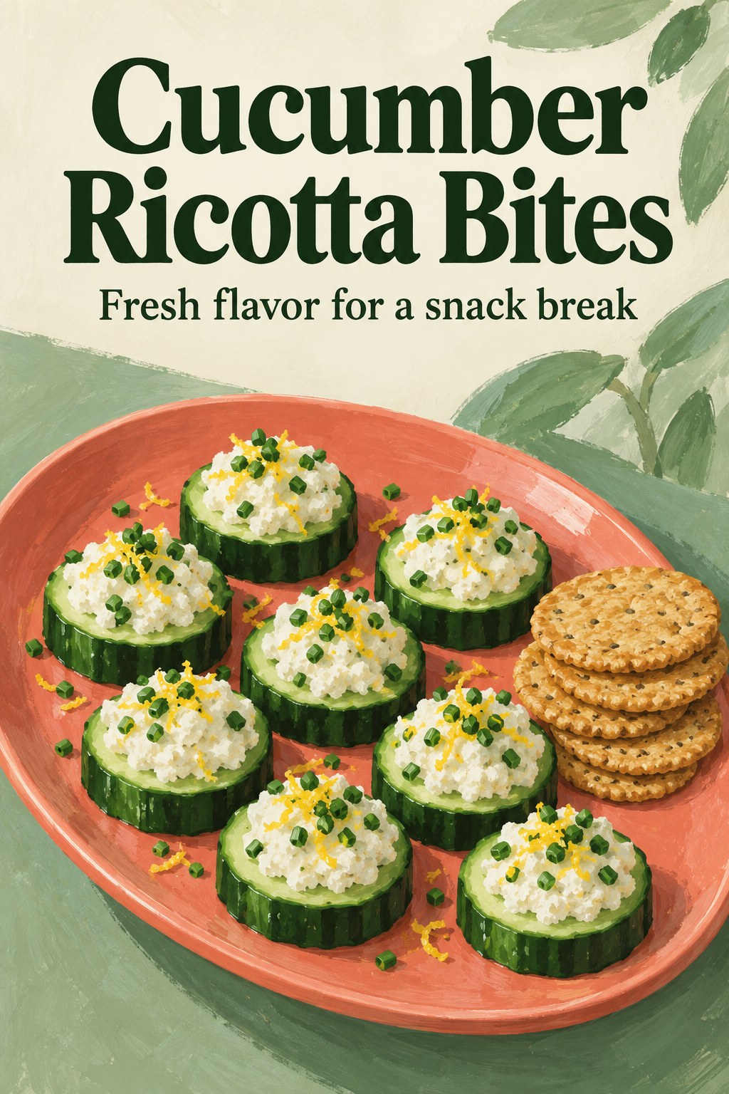 Cucumber rounds topped with ricotta, herbs, and lemon zest on a coral plate.