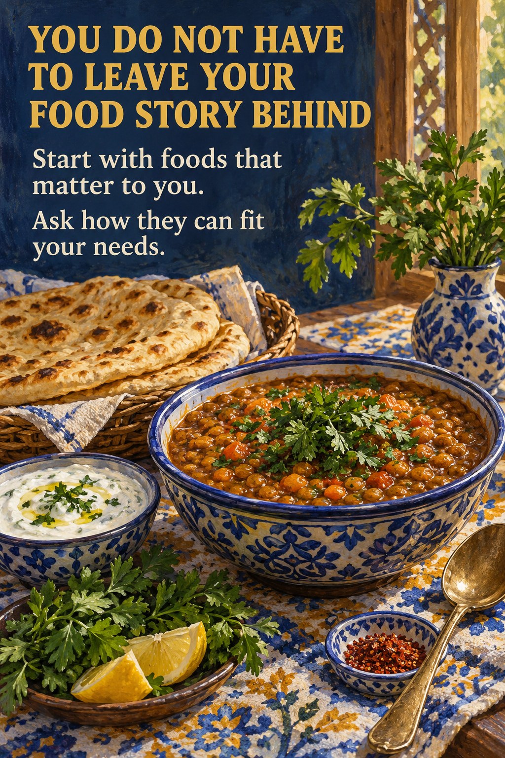 Warm illustrated spread of flatbread, vegetable stew, yogurt, and herbs with a message about keeping cultural food traditions.