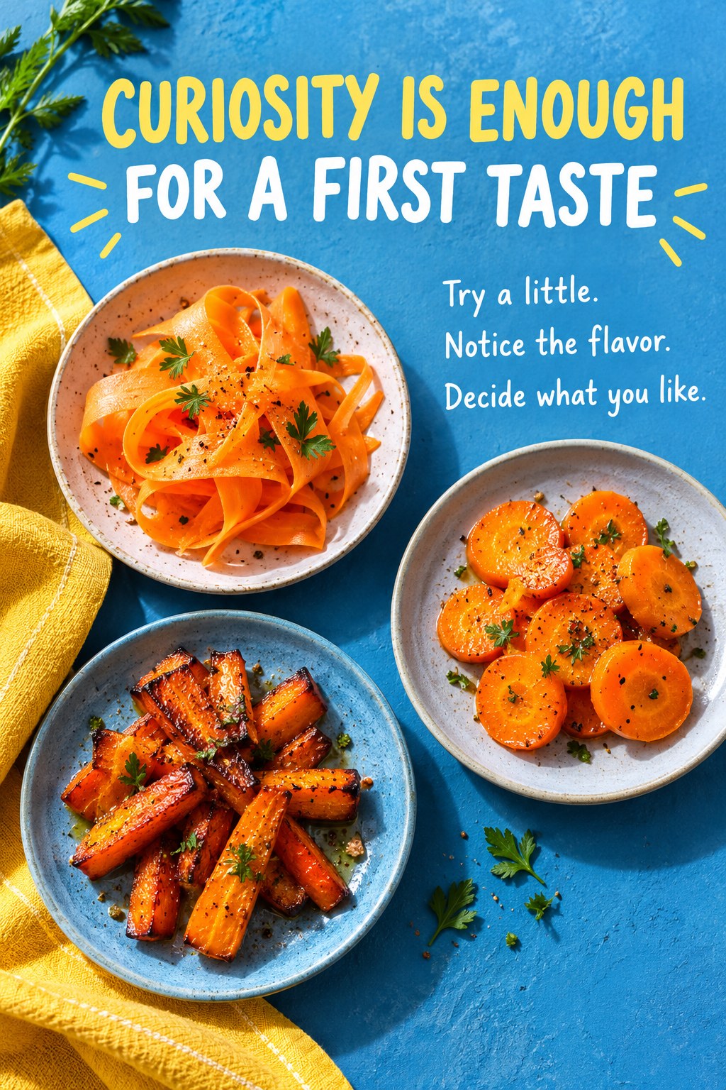 Three small carrot preparations on tasting dishes with a reminder that curiosity is enough for a first taste.