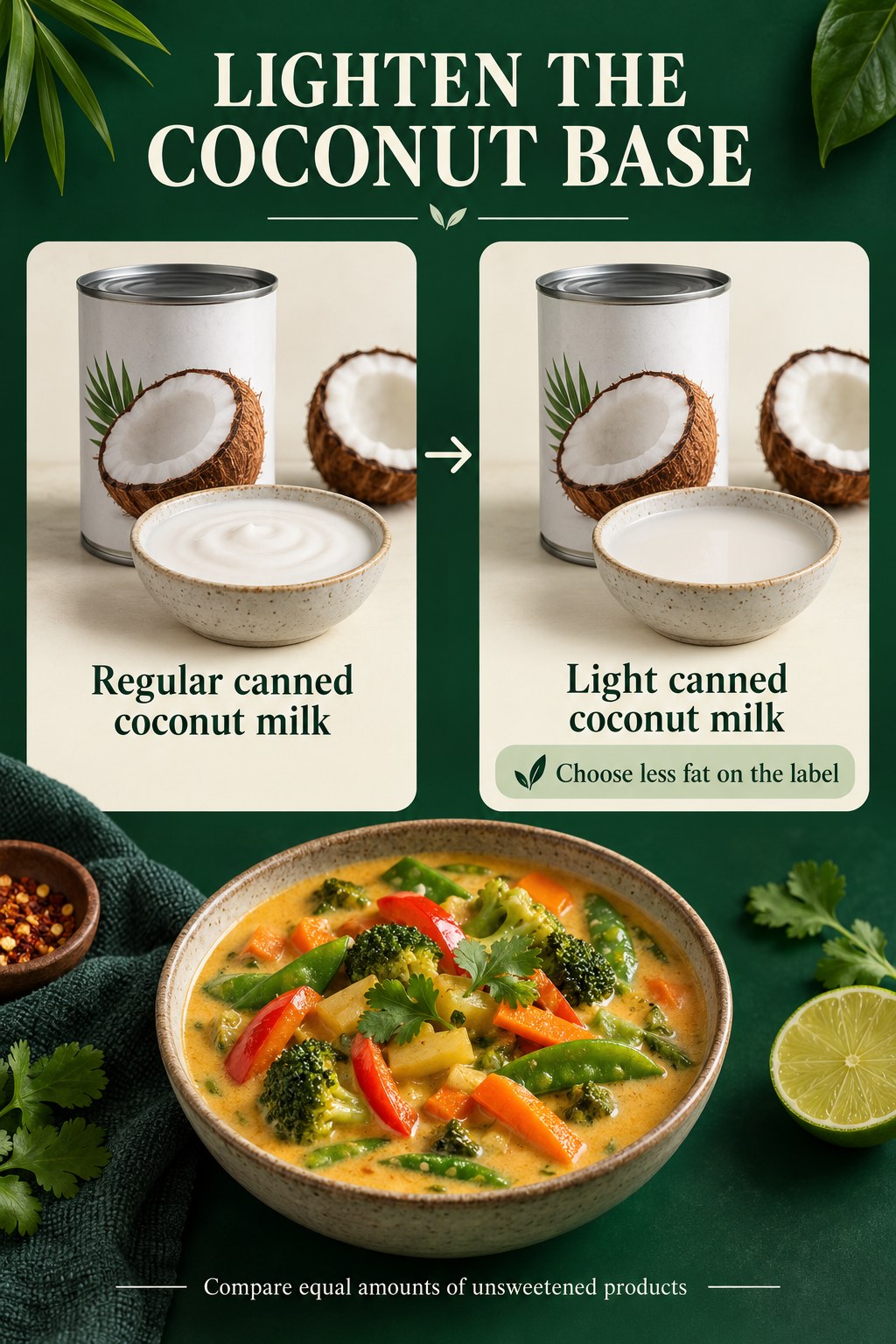 Regular canned coconut milk and light canned coconut milk compared above a bowl of vegetable curry.