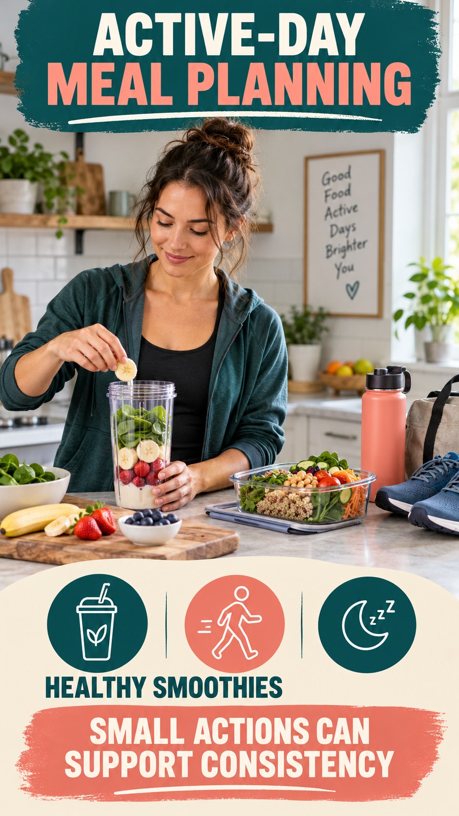 Active-Day Meal Planning infographic for Healthy Smoothies, showing practical metabolism-support habits for an active lifestyle.