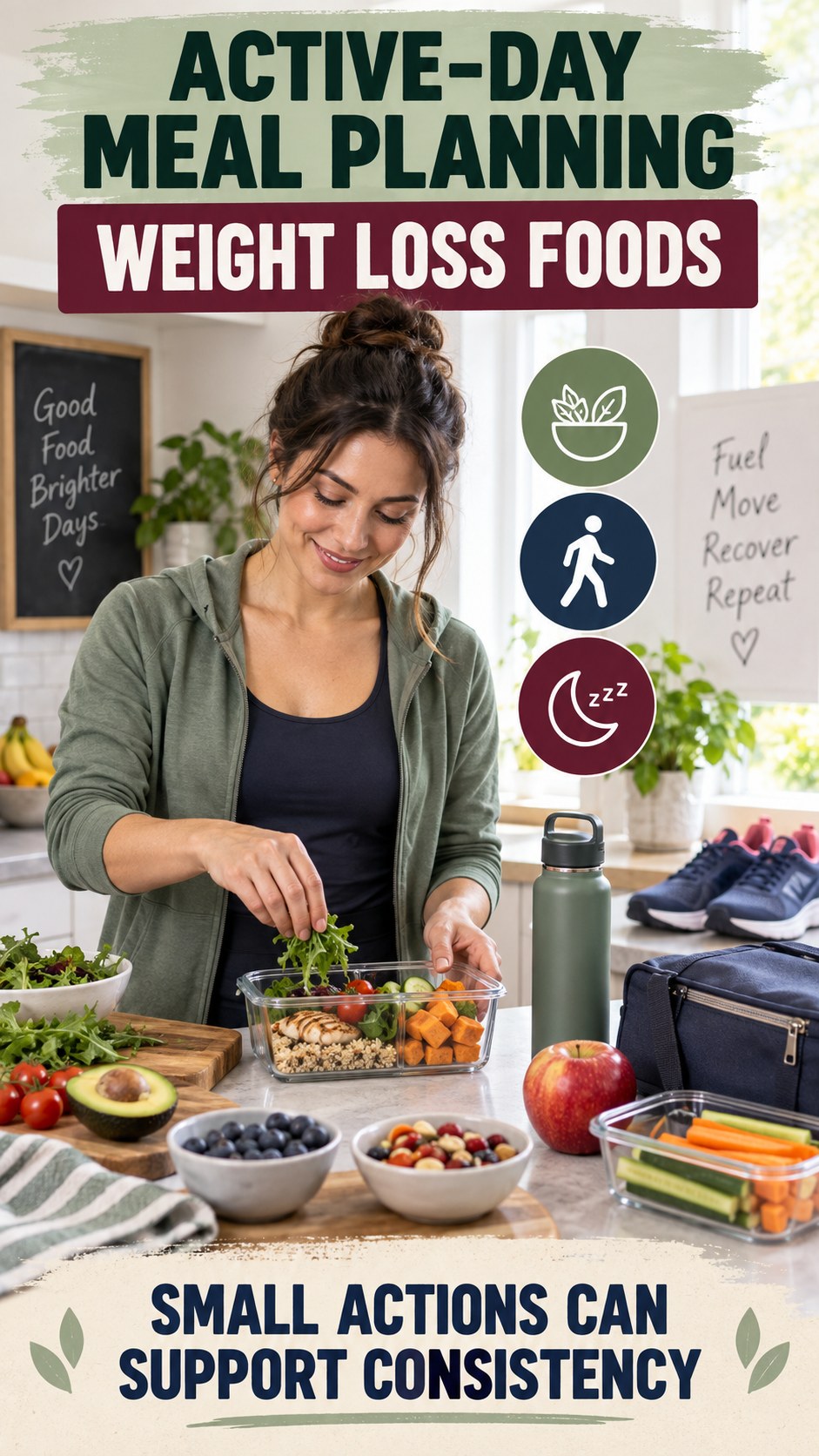 Active-Day Meal Planning infographic for Weight Loss Foods, showing practical metabolism-support habits for an active lifestyle.