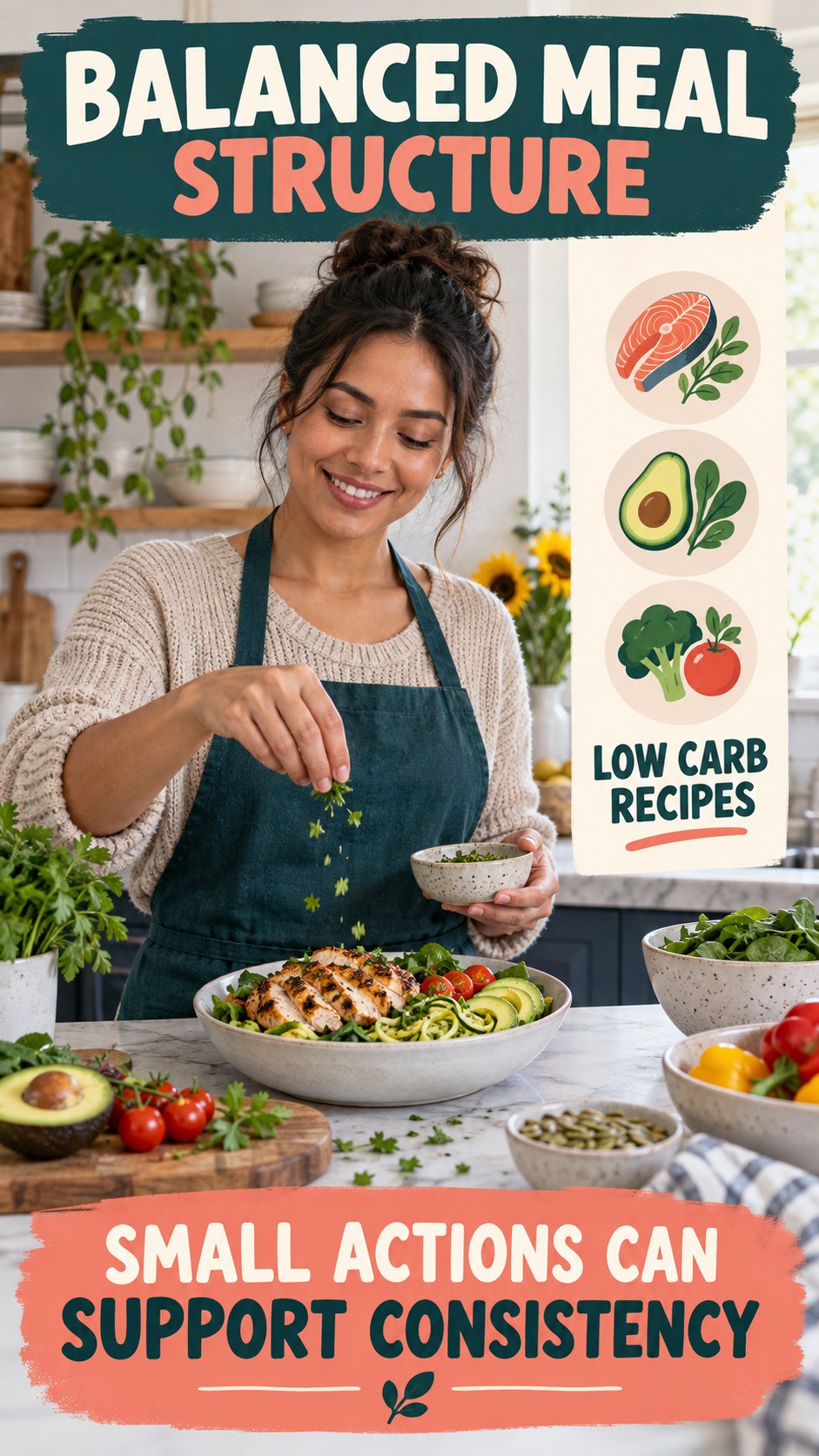 Balanced Meal Structure infographic for Low Carb Recipes, showing practical metabolism-support habits for an active lifestyle.