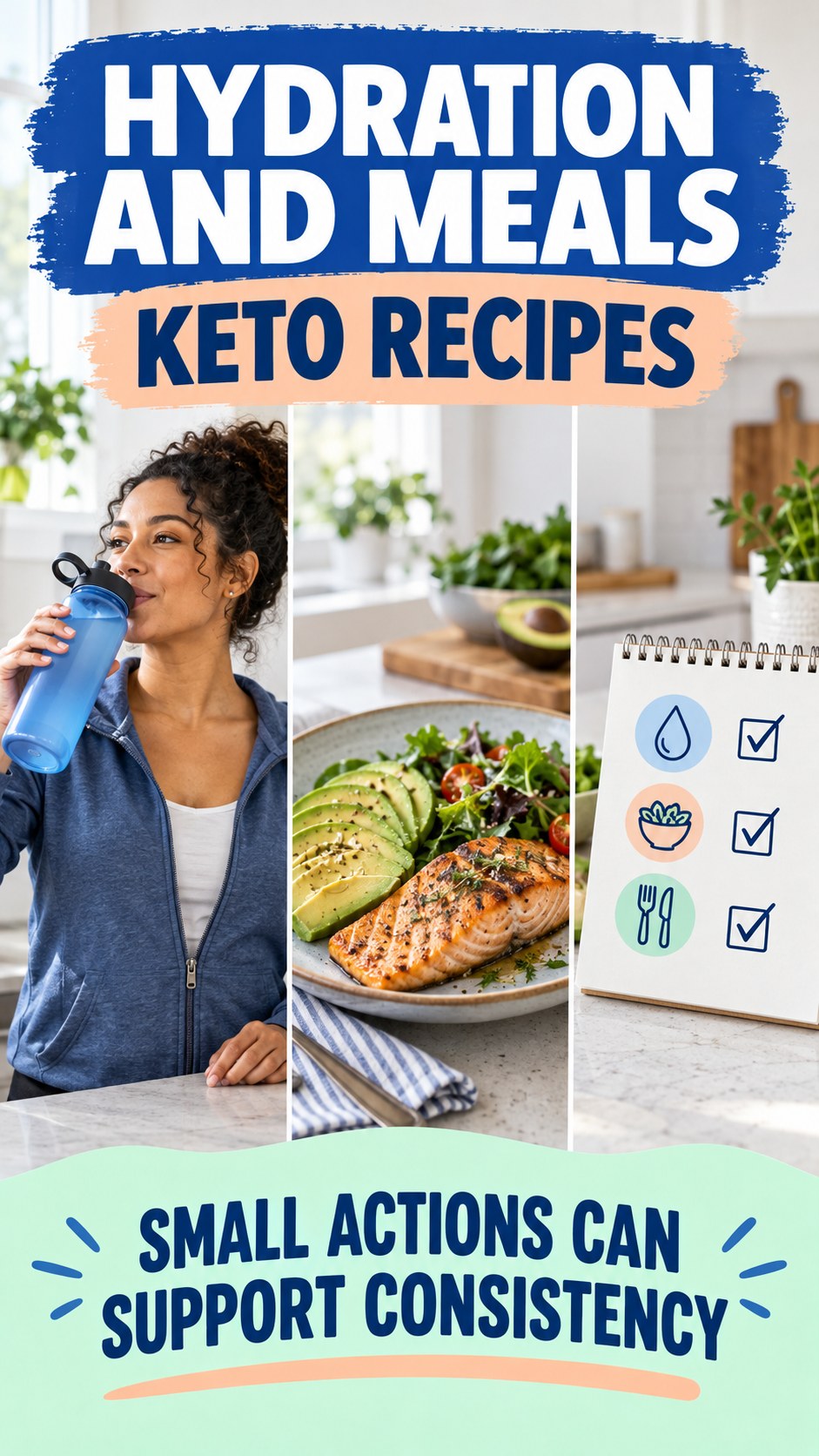 Hydration and Meals infographic for Keto Recipes, showing practical metabolism-support habits for an active lifestyle.
