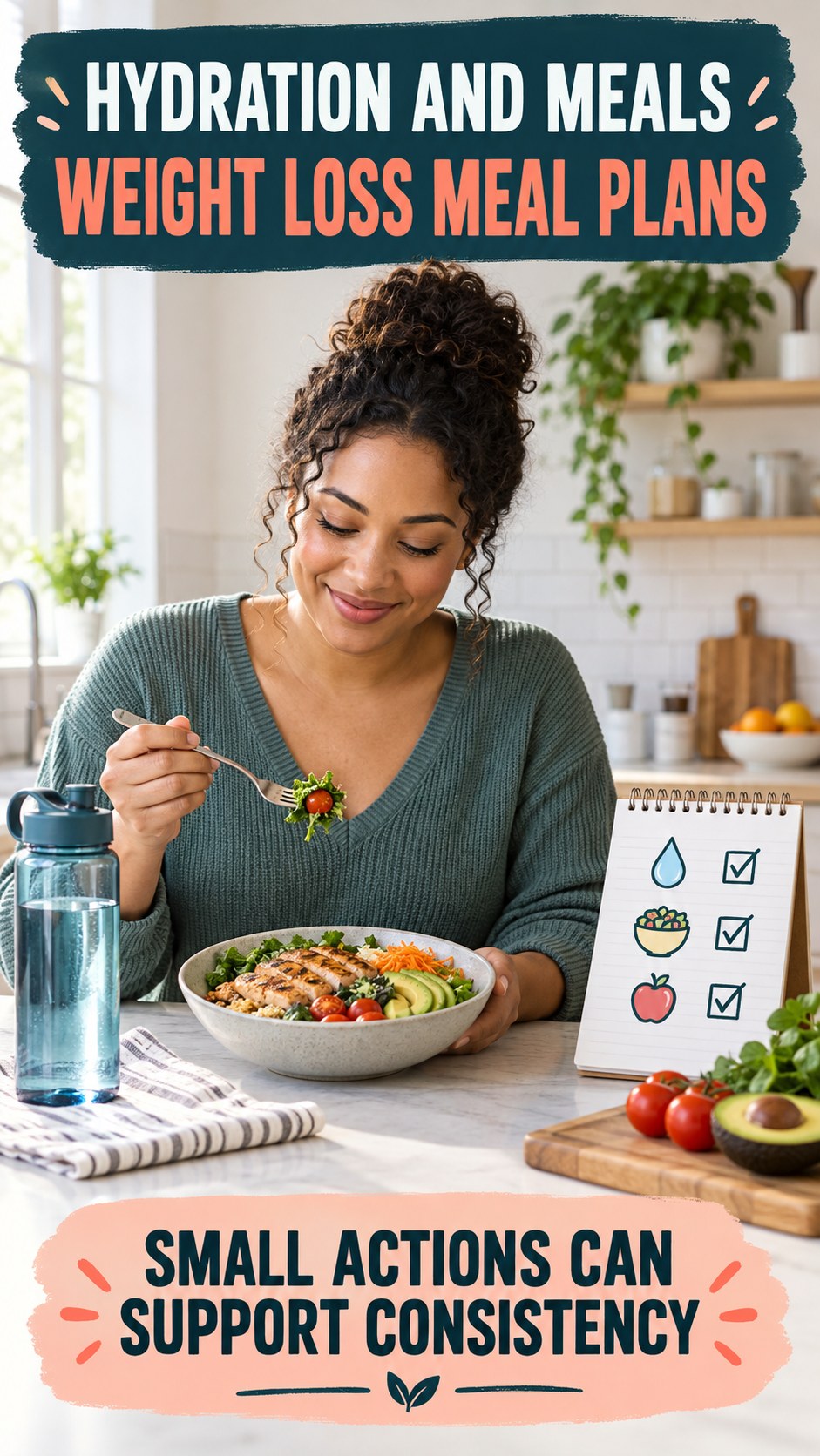 Hydration and Meals infographic for Weight Loss Meal Plans, showing practical metabolism-support habits for an active lifestyle.