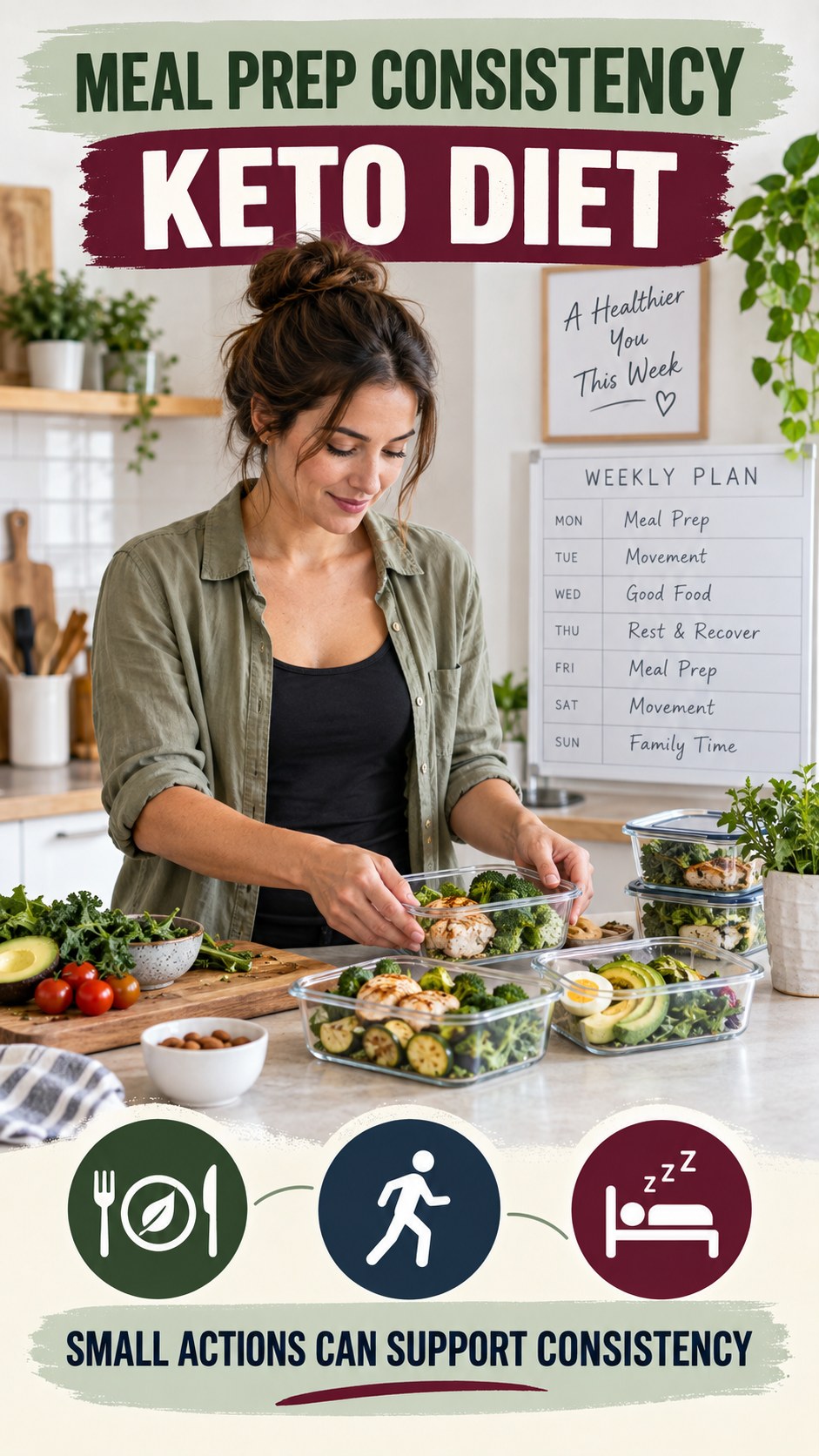 Meal Prep Consistency infographic for Keto Diet, showing practical metabolism-support habits for an active lifestyle.