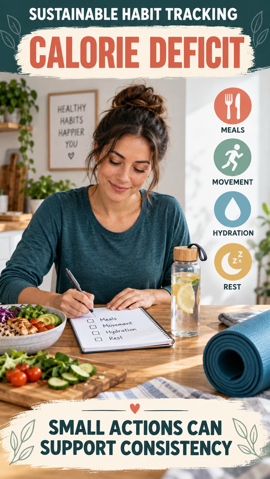 Sustainable Habit Tracking infographic for Calorie Deficit, showing practical metabolism-support habits for an active lifestyle.