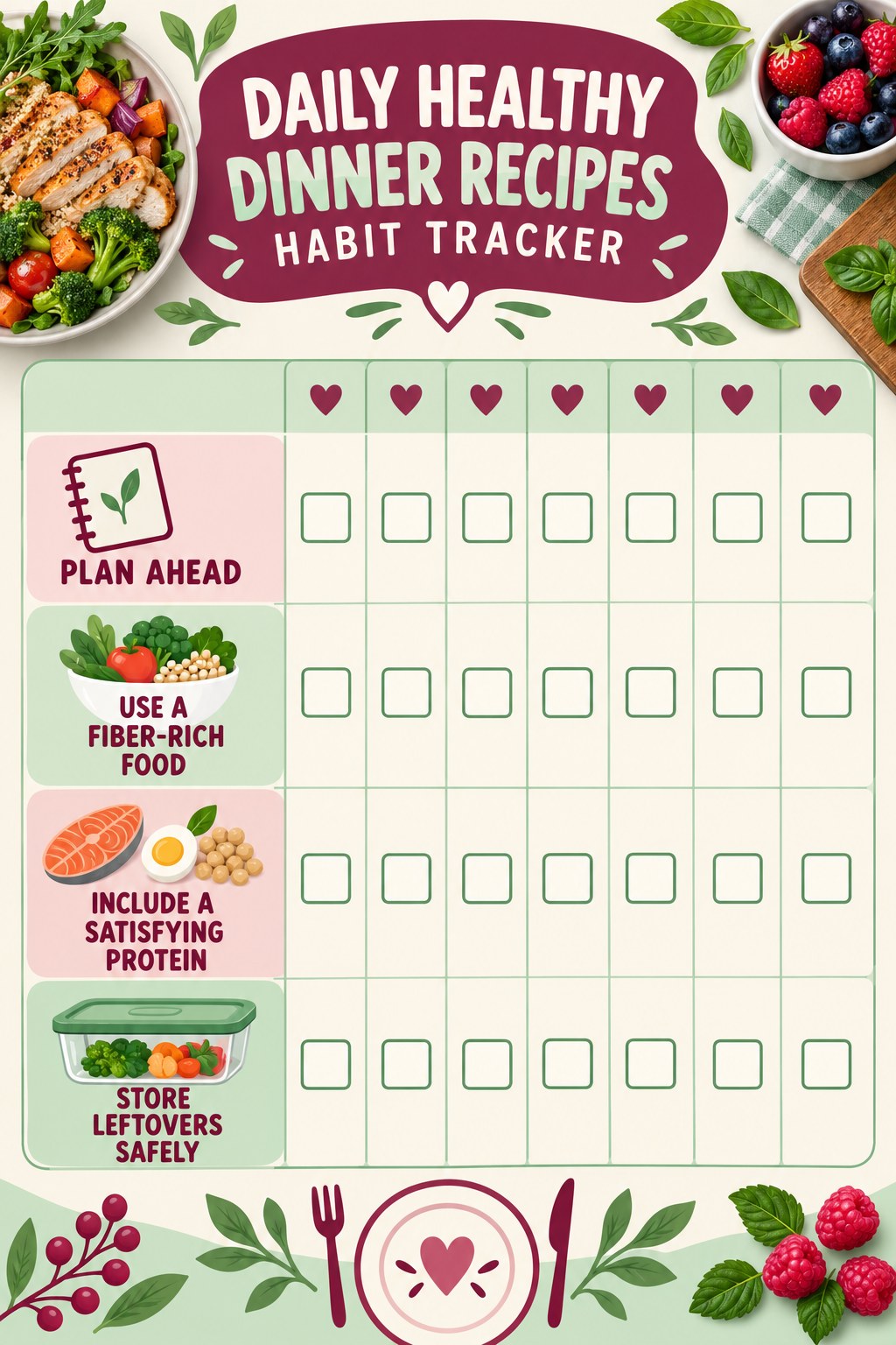 Daily Healthy Dinner Recipes Habit Tracker infographic with checkboxes for plan ahead, use a fiber-rich food, include a satisfying protein, store leftovers safely.