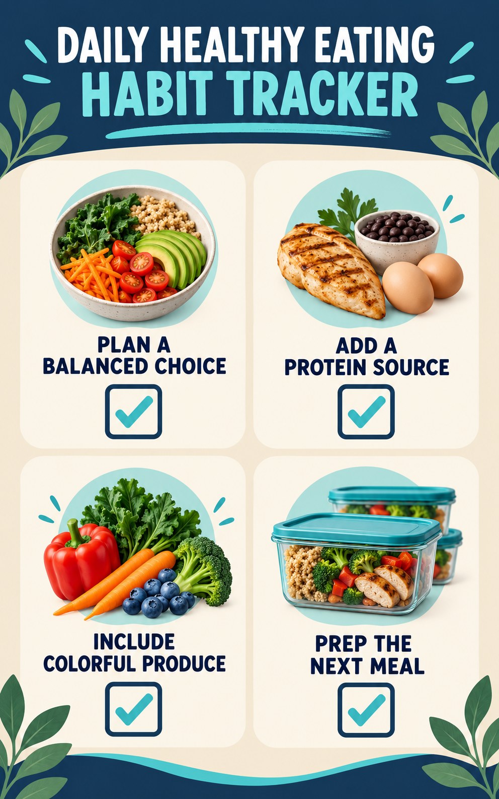 Daily Healthy Eating Habit Tracker infographic with checkboxes for plan a balanced choice, add a protein source, include colorful produce, prep the next meal.