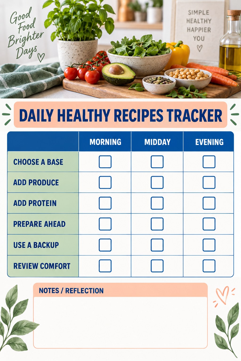 Daily Healthy Recipes printable-style tracker graphic with six labeled rows, empty checkboxes, and a reflection area.