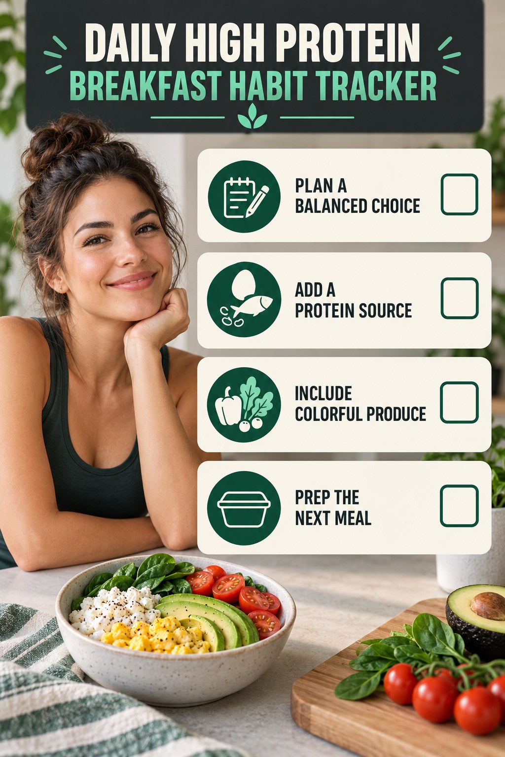 Daily High Protein Breakfast Habit Tracker infographic with checkboxes for plan a balanced choice, add a protein source, include colorful produce, prep the next meal.