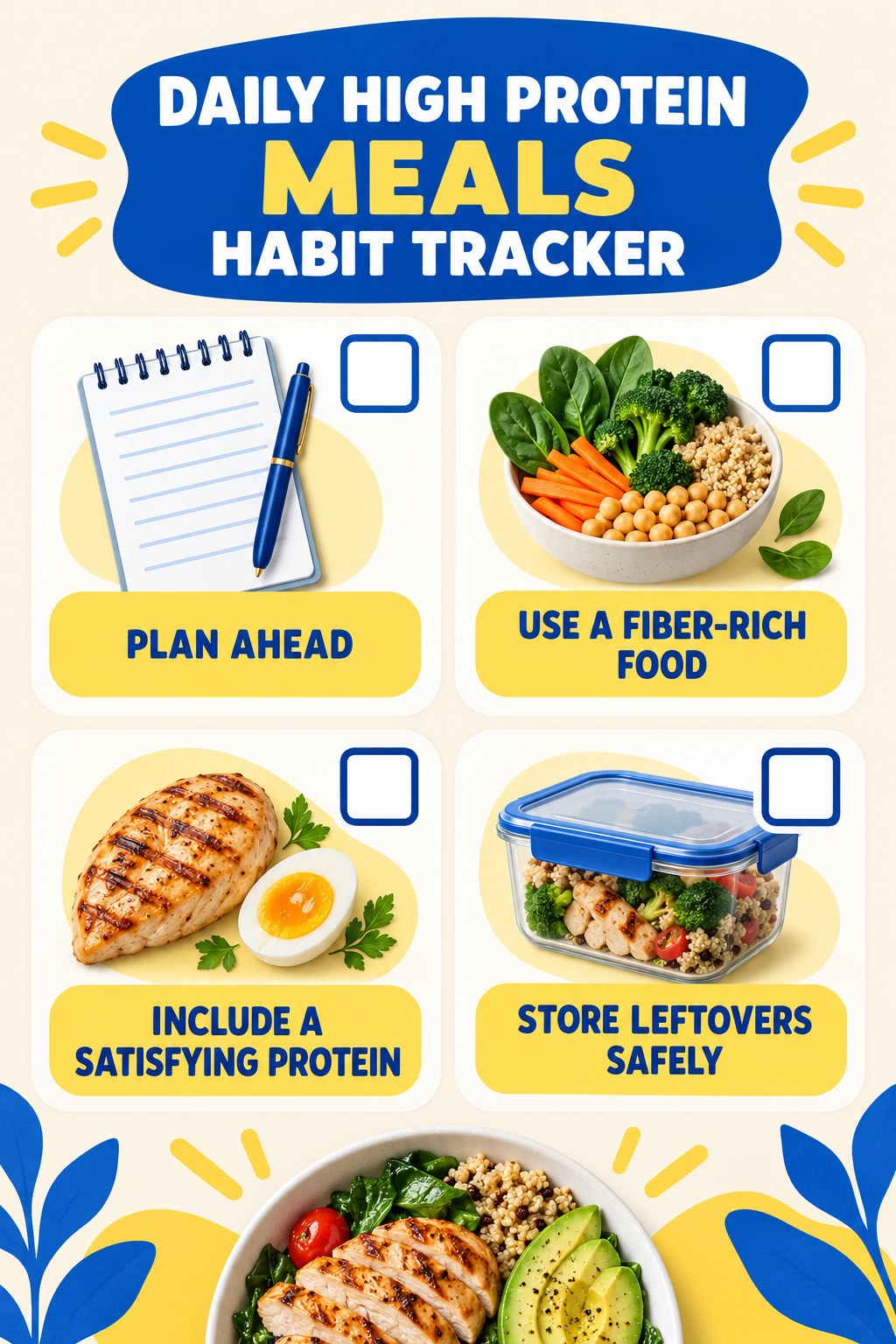 Daily High Protein Meals Habit Tracker infographic with checkboxes for plan ahead, use a fiber-rich food, include a satisfying protein, store leftovers safely.