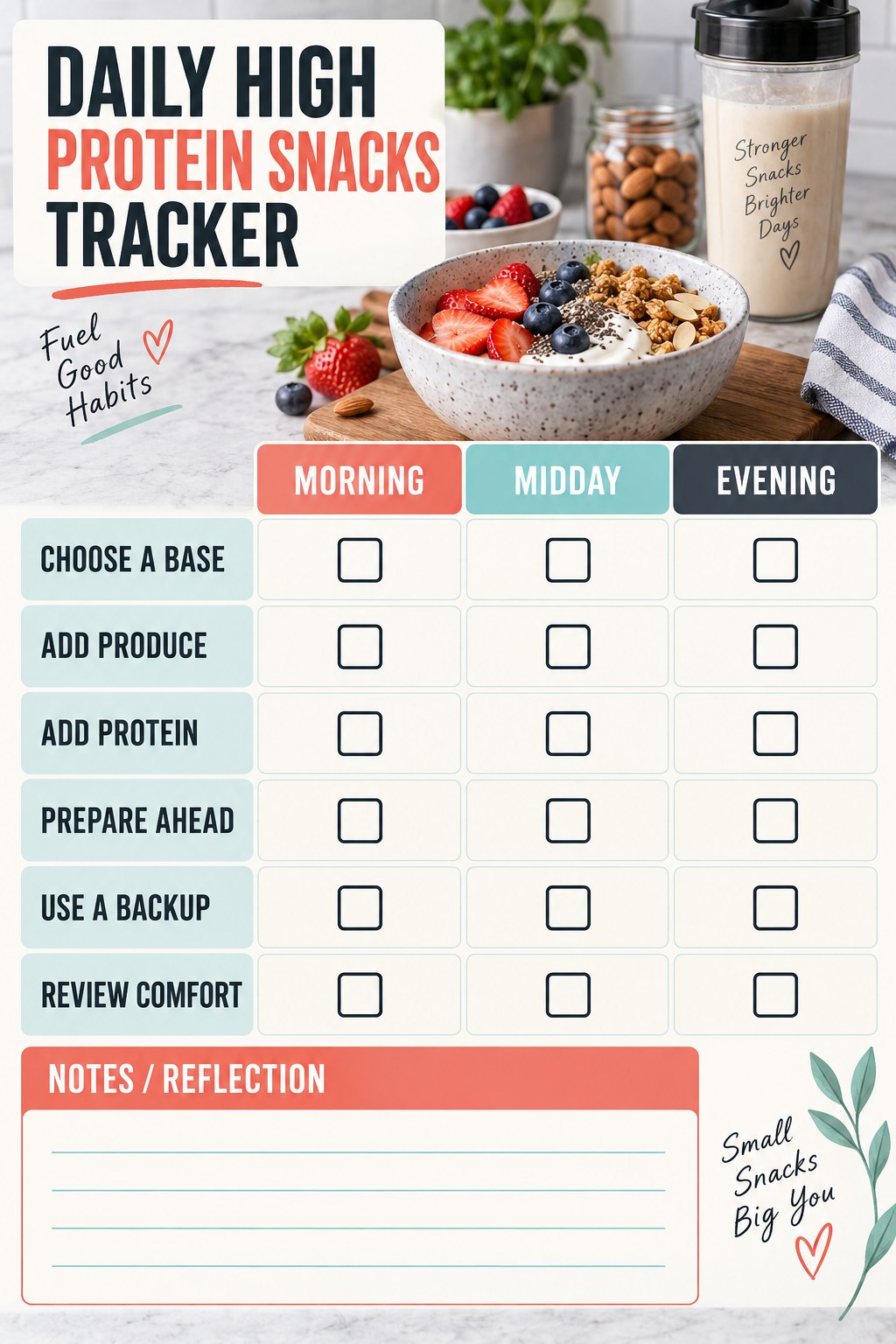 Daily High Protein Snacks printable-style tracker graphic with six labeled rows, empty checkboxes, and a reflection area.