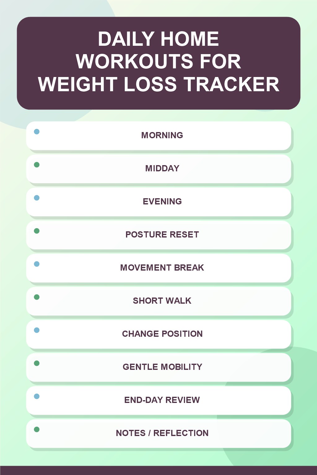 Daily Home Workouts for Weight Loss printable-style tracker graphic with six labeled rows, empty checkboxes, and a reflection area.