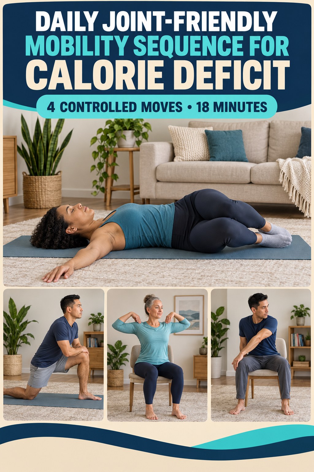 Adult demonstrating supine knee sways in a daily joint-friendly mobility sequence for calorie deficit infographic.