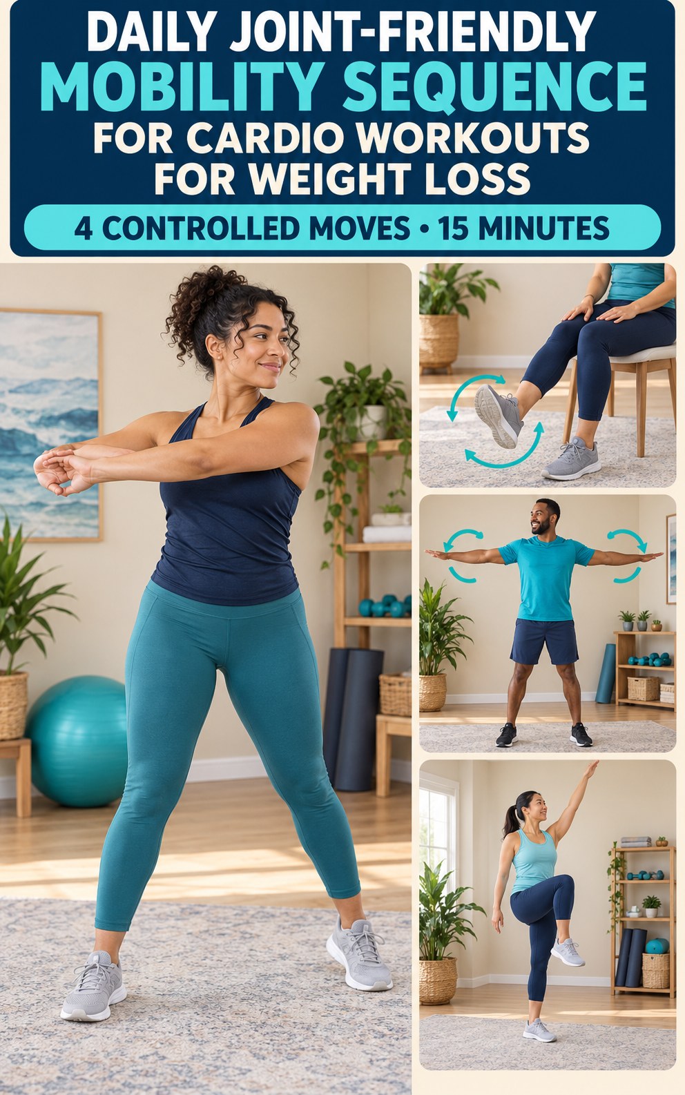 Adult demonstrating standing rib-cage turns in a daily joint-friendly mobility sequence for cardio workouts for weight loss infographic.