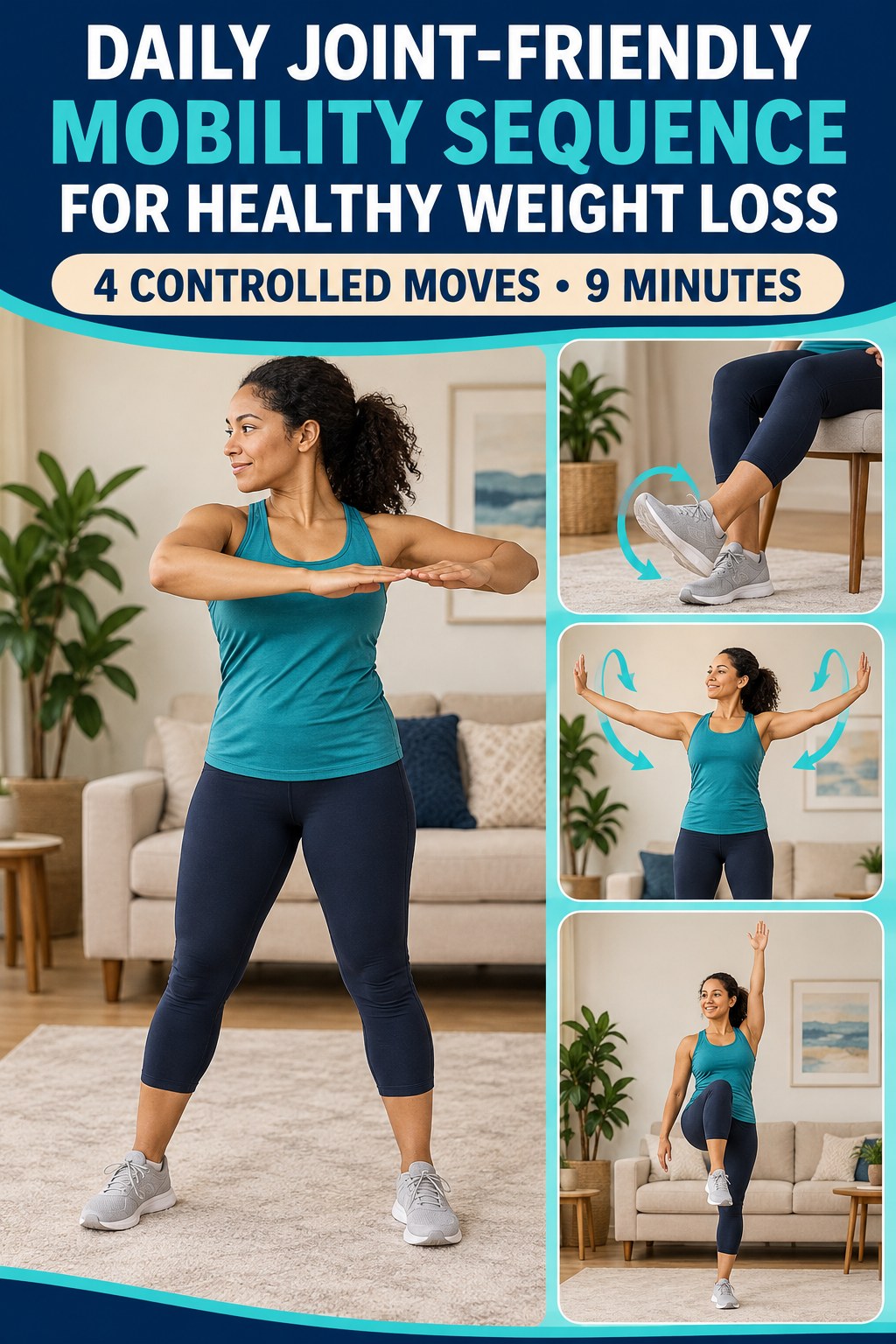 Adult demonstrating standing rib-cage turns in a daily joint-friendly mobility sequence for healthy weight loss infographic.