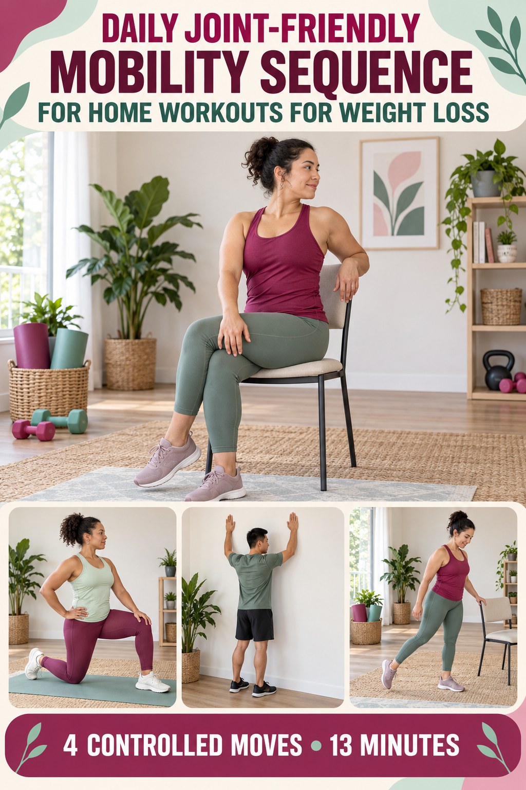 Adult demonstrating seated thoracic rotations in a daily joint-friendly mobility sequence for home workouts for weight loss infographic.