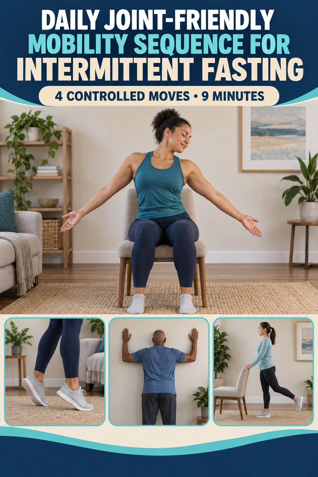 Adult demonstrating seated spine waves in a daily joint-friendly mobility sequence for intermittent fasting infographic.