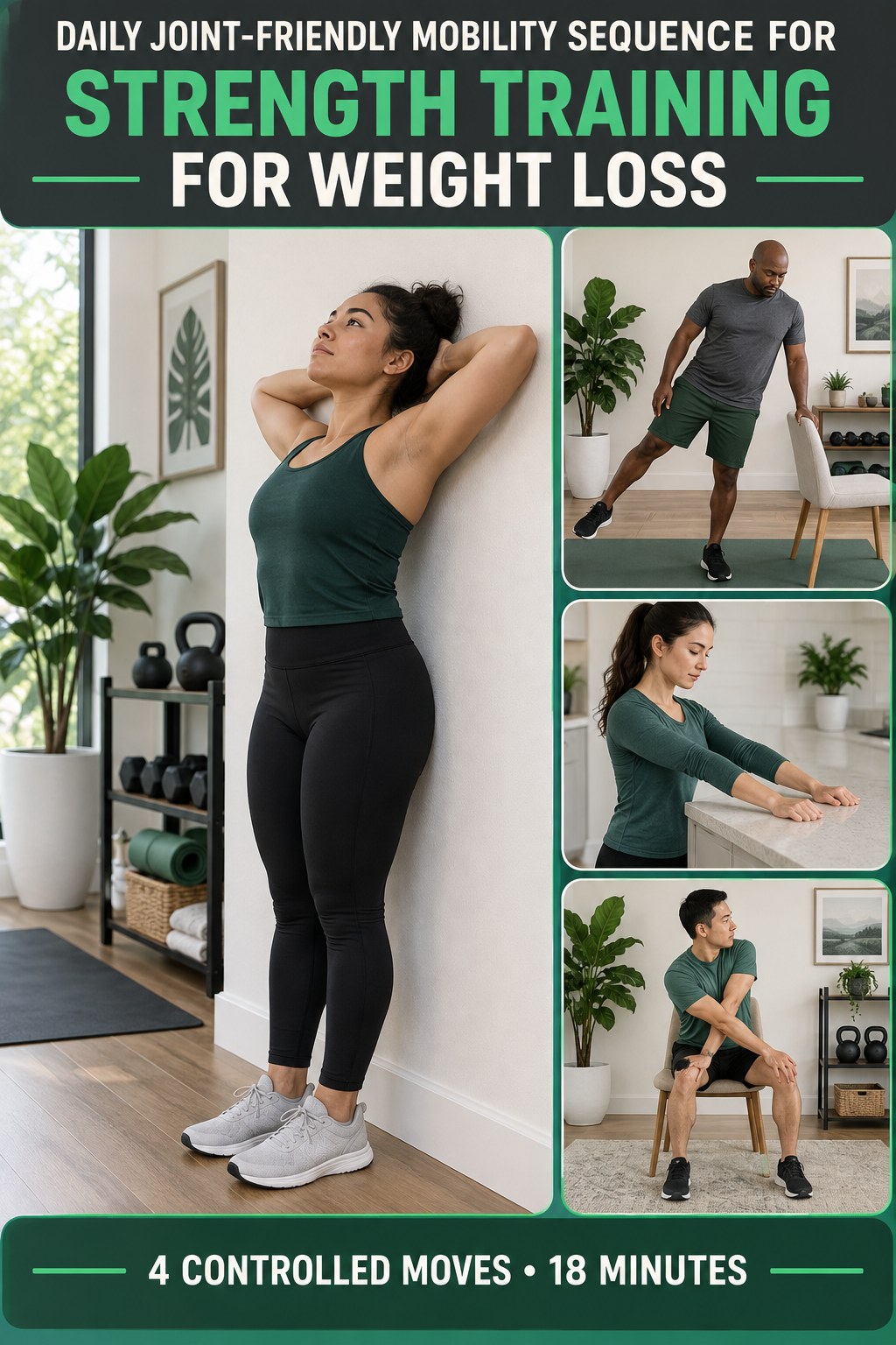 Adult demonstrating wall-assisted thoracic extensions in a daily joint-friendly mobility sequence for strength training for weight loss infographic.