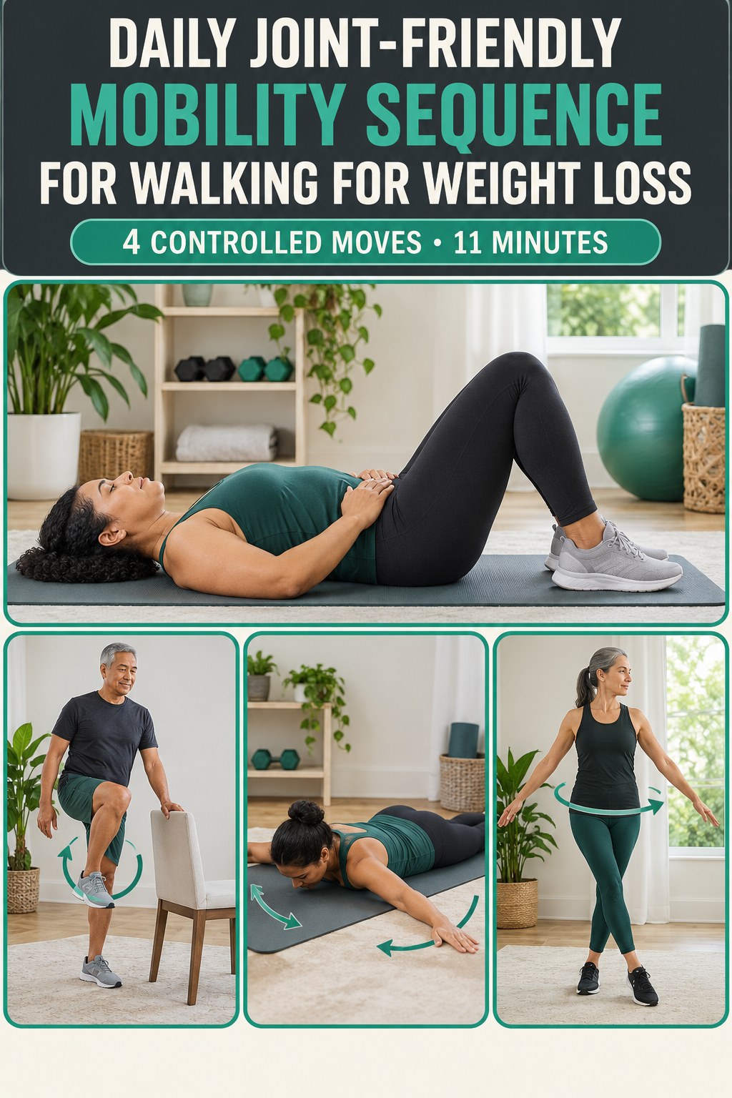 Adult demonstrating pelvic tilts in a daily joint-friendly mobility sequence for walking for weight loss infographic.