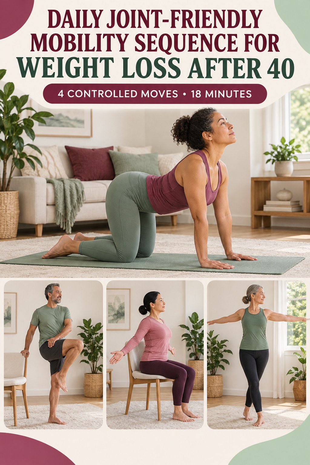 Adult demonstrating quadruped cat-cow in a daily joint-friendly mobility sequence for weight loss after 40 infographic.