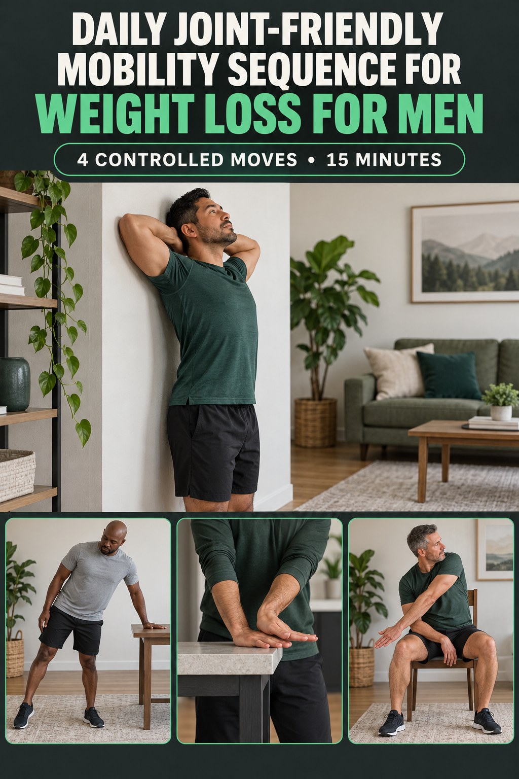 Adult demonstrating wall-assisted thoracic extensions in a daily joint-friendly mobility sequence for weight loss for men infographic.