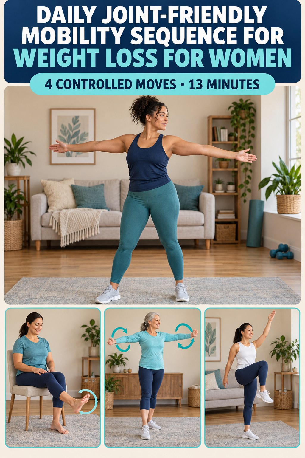 Adult demonstrating standing rib-cage turns in a daily joint-friendly mobility sequence for weight loss for women infographic.