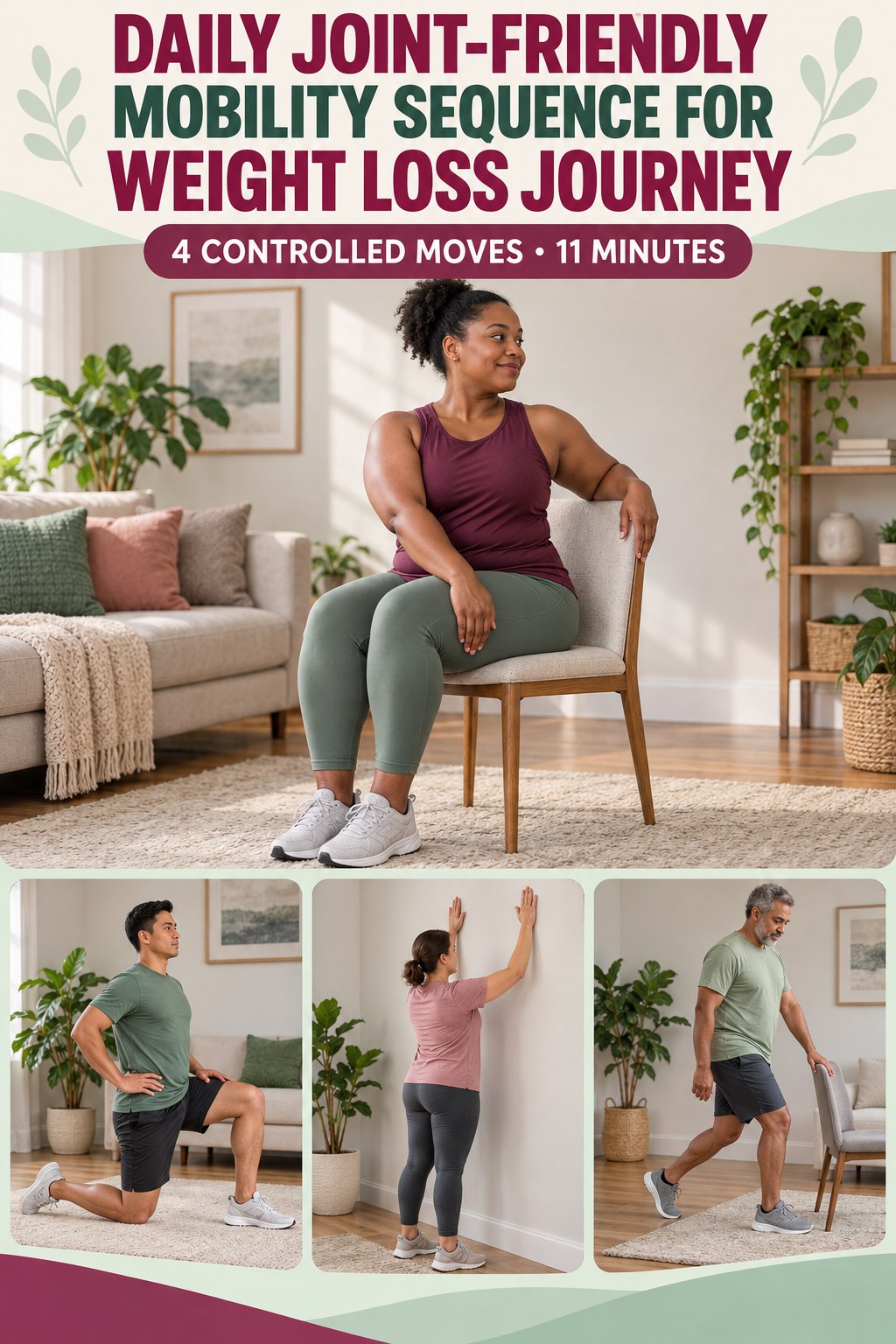 Adult demonstrating seated thoracic rotations in a daily joint-friendly mobility sequence for weight loss journey infographic.